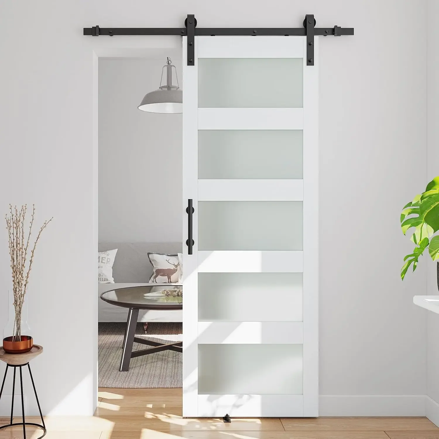 

30in x 84in 5-Panel Sliding Glass Barn Door with 5ft Hardware Kit Included, Easy Assembly with Pre-Drilled Holes, Waterproof, Fr