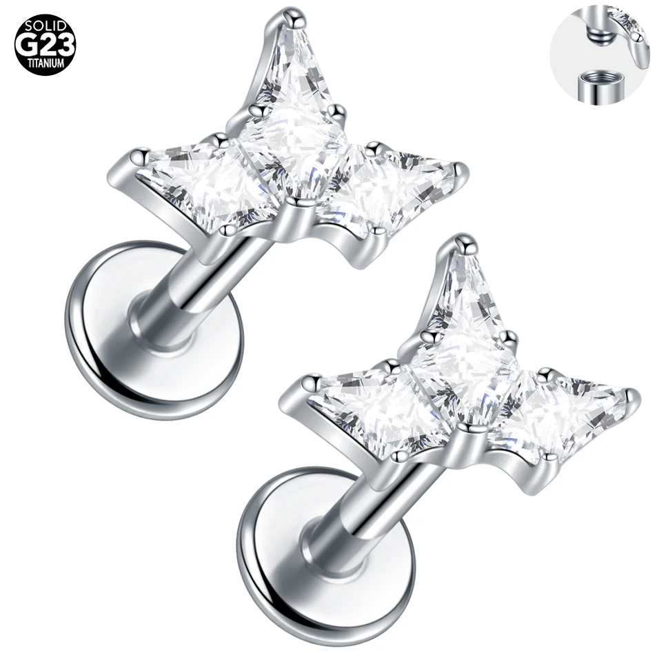 1/5PCS Titanium Flat Back Lobe Helix Earring Stud Internally Threaded CZ Crystal Flower Labret Cartilage Tragus Piercing Jewelry