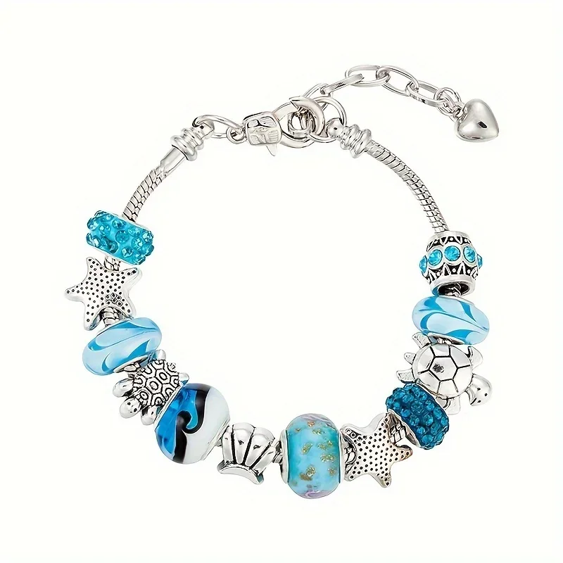 1pc Exquisite Sea Star Turtle Blue Bohemian Alloy Bracelet Ocean Inspired Holiday Decorative Accessory for Boho Chic Style Lover