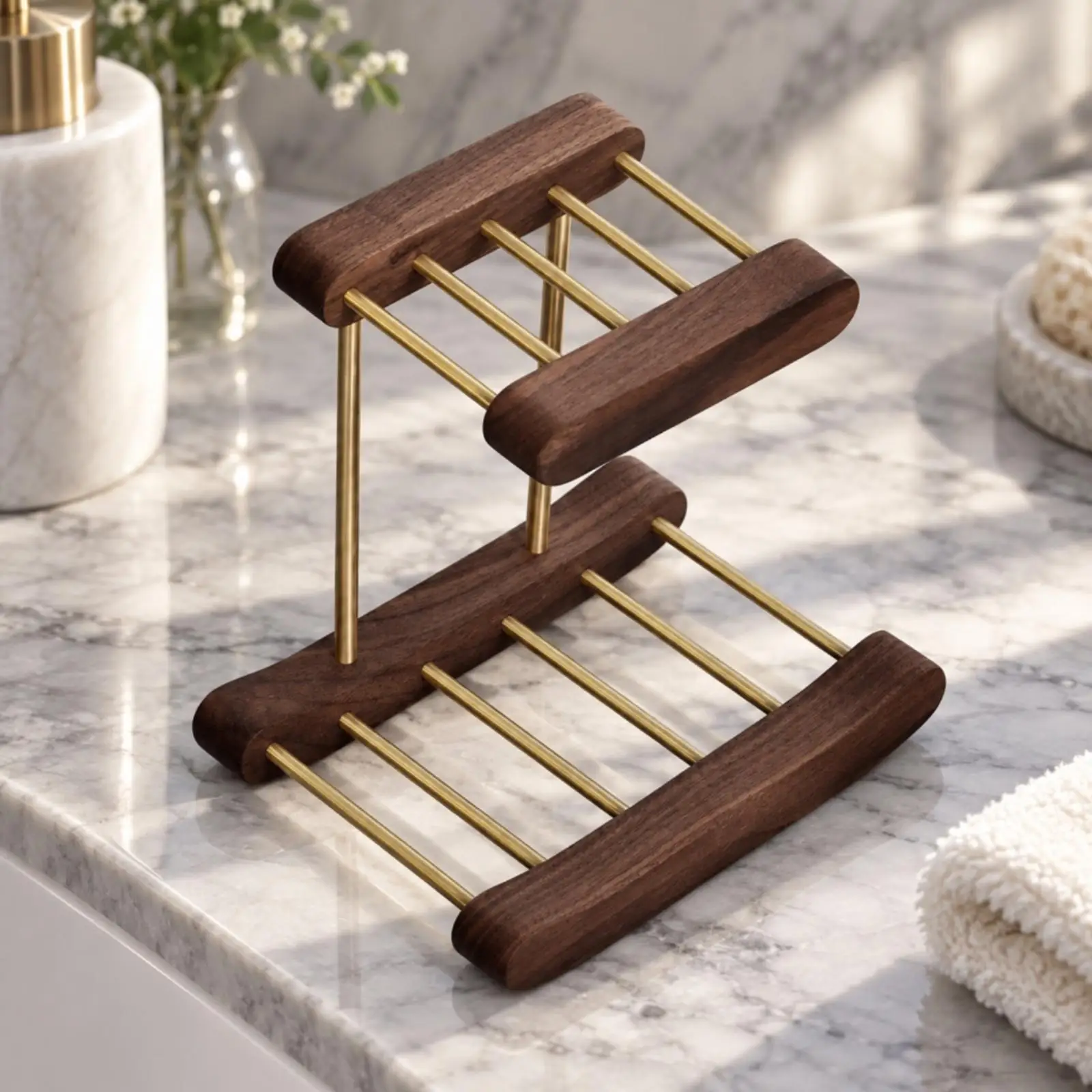 Wooden Soap Dish with Metal Rods Quick-Dry Tabletop Soap Dish Bathroom Accessory Open-Drain Raised for Washstand, Vanity