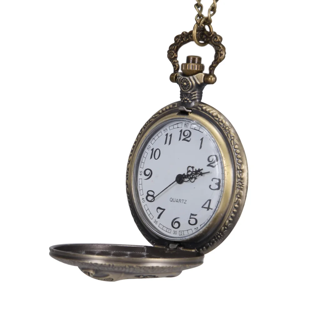 1pc Men Women Quartz Pocket Watch Bell Pattern Carved Case with Chain LL@17