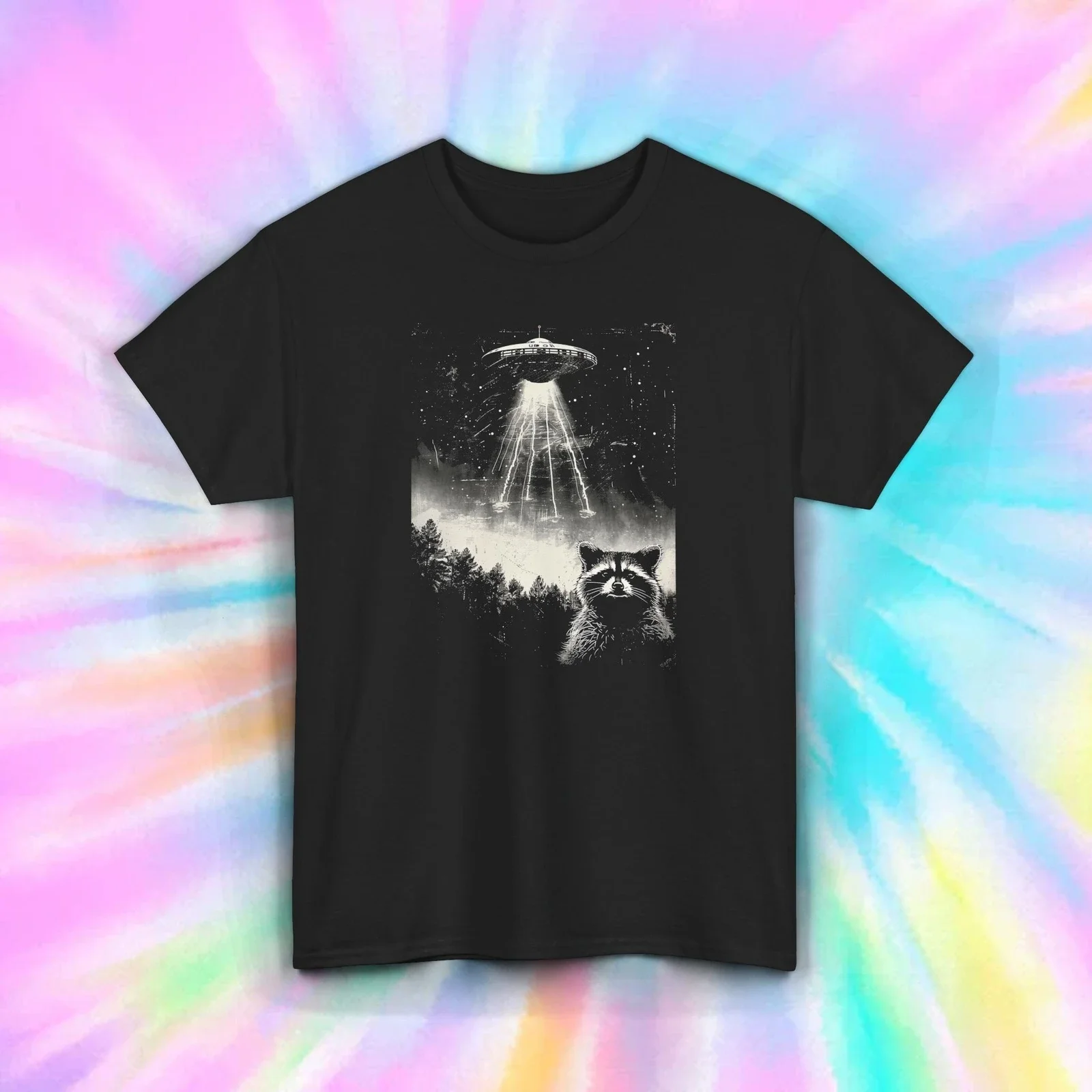 

Raccoon UFO Abduction Shirt Alien Beam Forest Night Sky Tee S-5XL