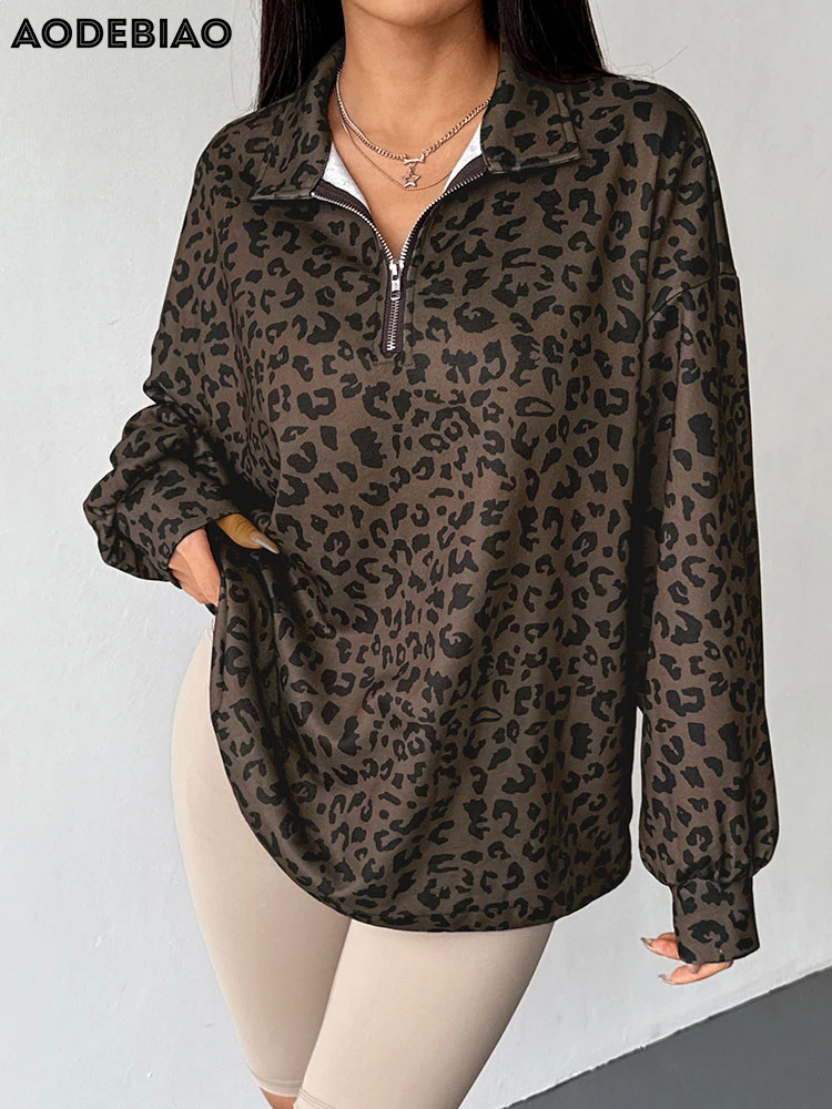 AODEBIAO Leopard Print Hoodie Women Coat Autumn Long Sleeves Fashion Turn-Down Collar Hoodie Casual Loose Hoodie Lady Streetwear
