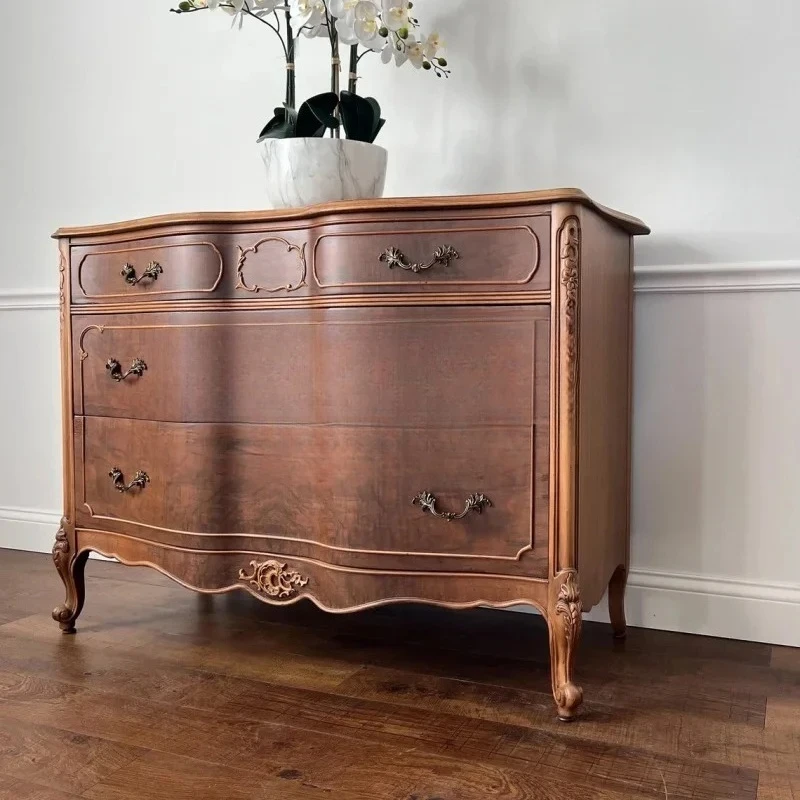 A retro living room decorative cabinet solid wood carving flower chest small apartment multi-layer household, bedroom locker
