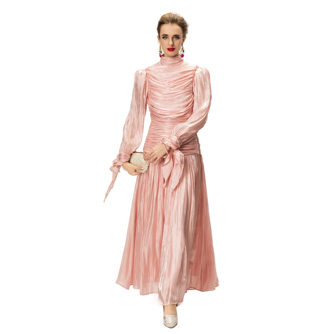 Abito da donna in raso rosso con collo alto e maniche lunghe, polsini, maxi abiti in vita pieghettati, abito da ballo per feste/eventi