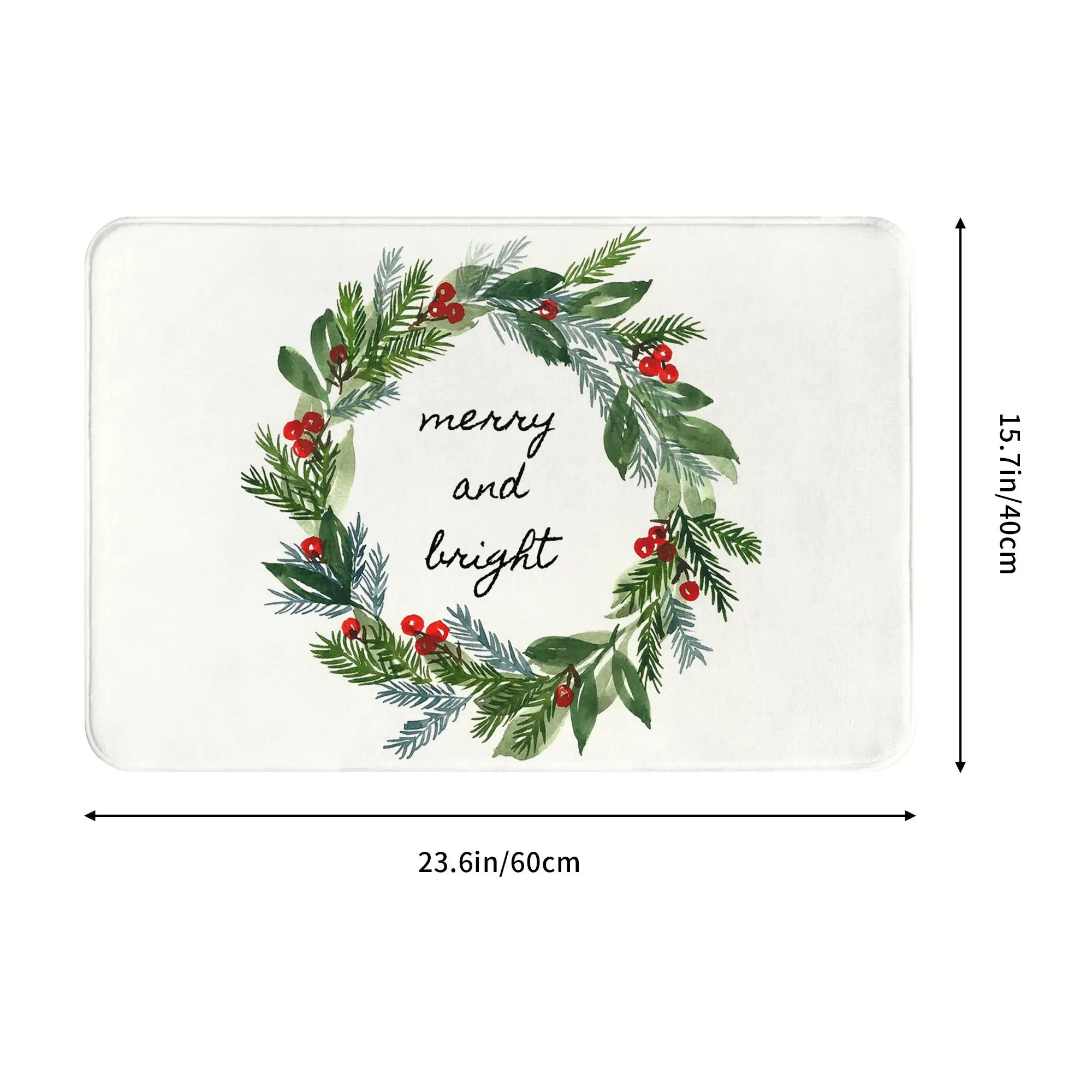 merry and bright holiday wreath Anti-slip Doormat Floor Mat Carpet Rug for Kitchen Entrance Home Bedroom Footpad Mats