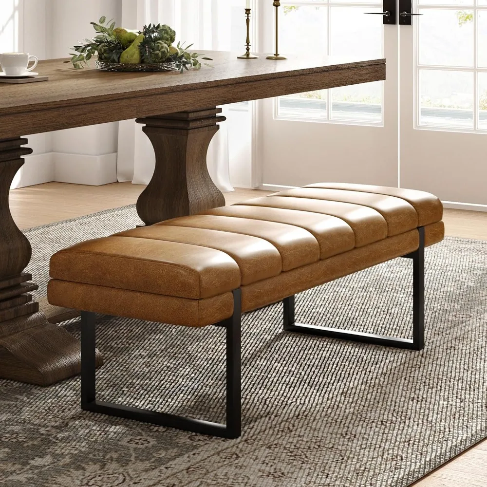 Banco de entrada de couro sintético de 53", banco de cama capitoné com botões, otomano para quarto, sala de estar com base de metal