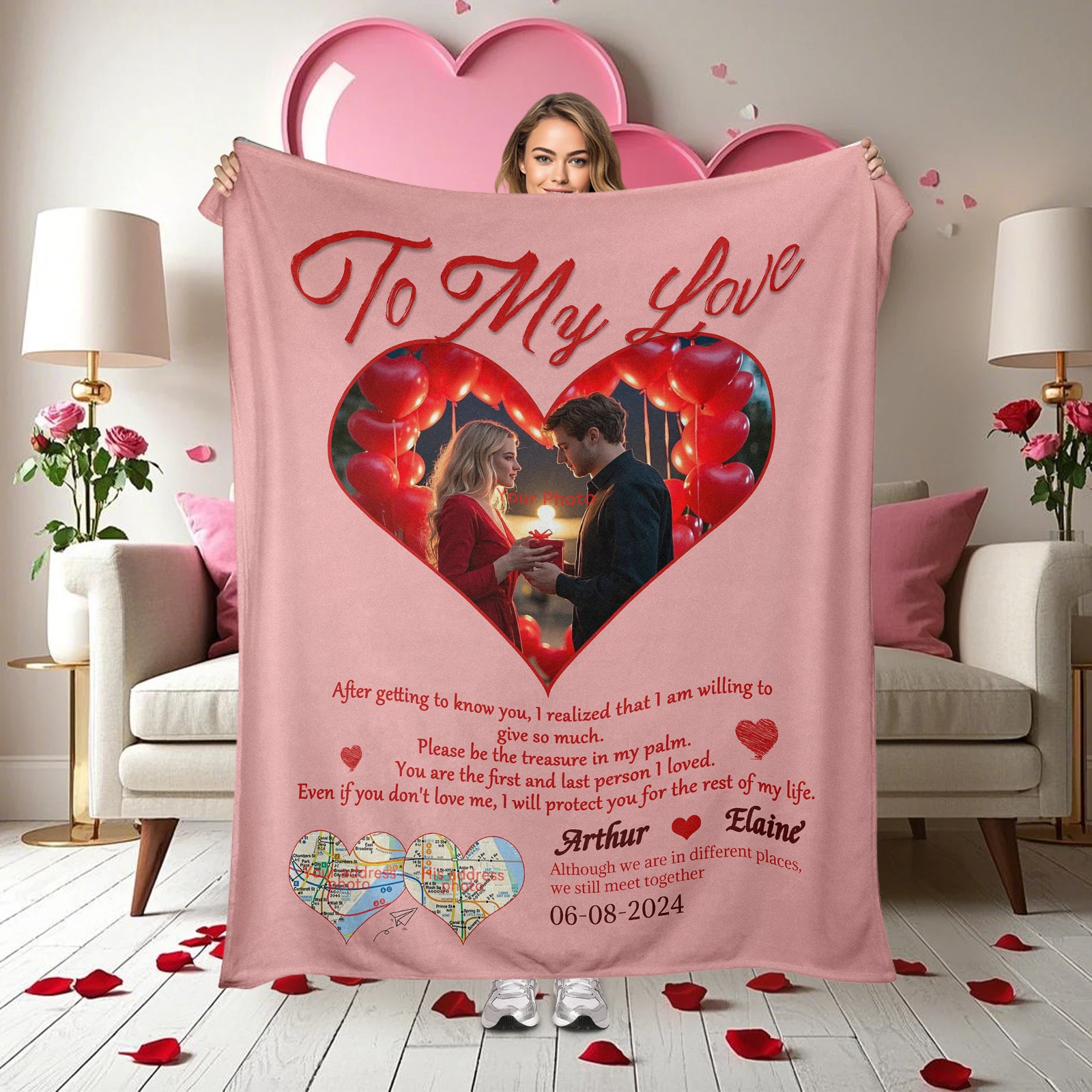 

Customized Valentine's Day Flannel Blanket. 3 Pictures, 3 Phrases, and Hearts for Couples' Romance.