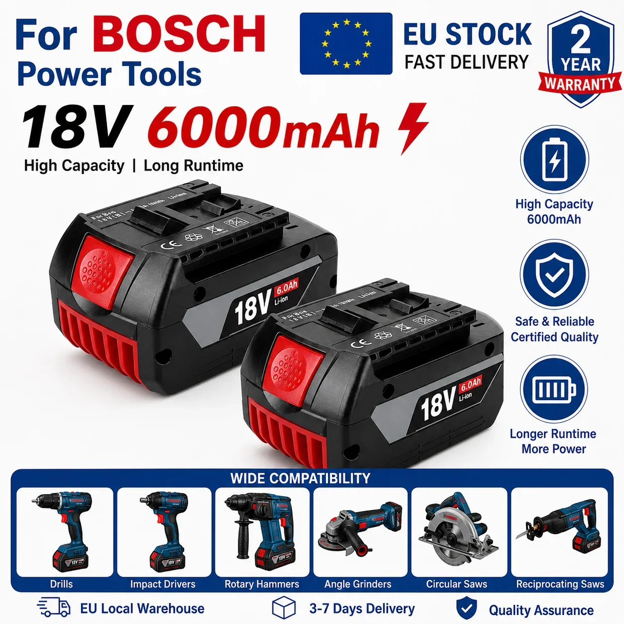 Für Bosch 18V Akku 6000mAh Li-Ion BAT609 BAT618 BAT619 Ersatzakku Kompatibel mit Bosch Akku-Werkzeugen EU Schneller Versand