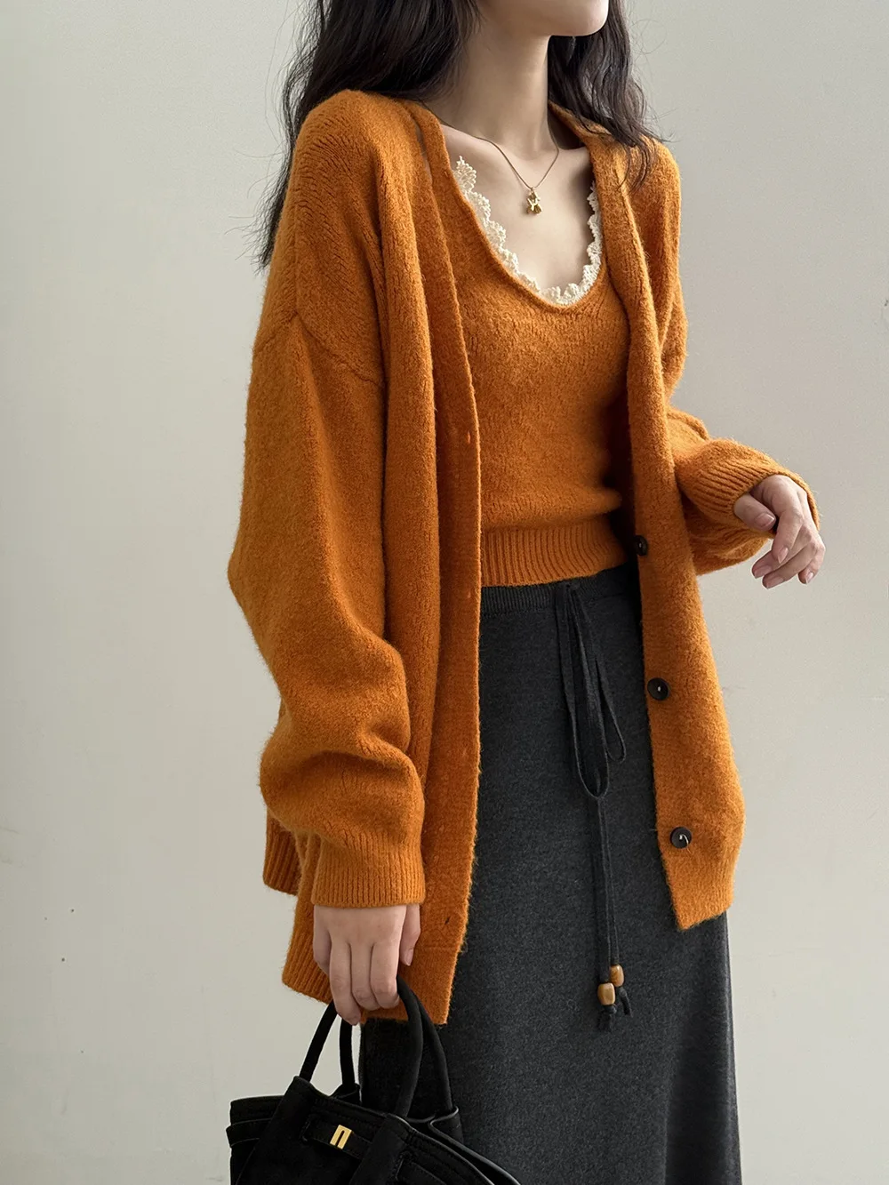 

Solid Color Lace Knitted Cardigan Women's Autumn Elegant Sweater Vest Top Two-piece Set