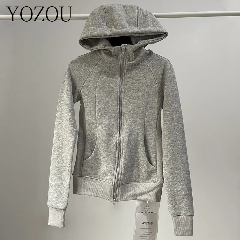 [YOZOU] Autumn Cotton Solid Black Gray White Slim Y2k Zip Up Hoodie Hooded Sweatshirt Jackets Women Streetwear Korean Cardigan