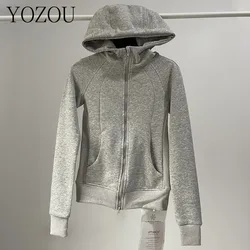 [YOZOU] Autumn Cotton Solid Black Gray White Slim Y2k Zip Up Hoodie Hooded Sweatshirt Jackets Women Streetwear Korean Cardigan