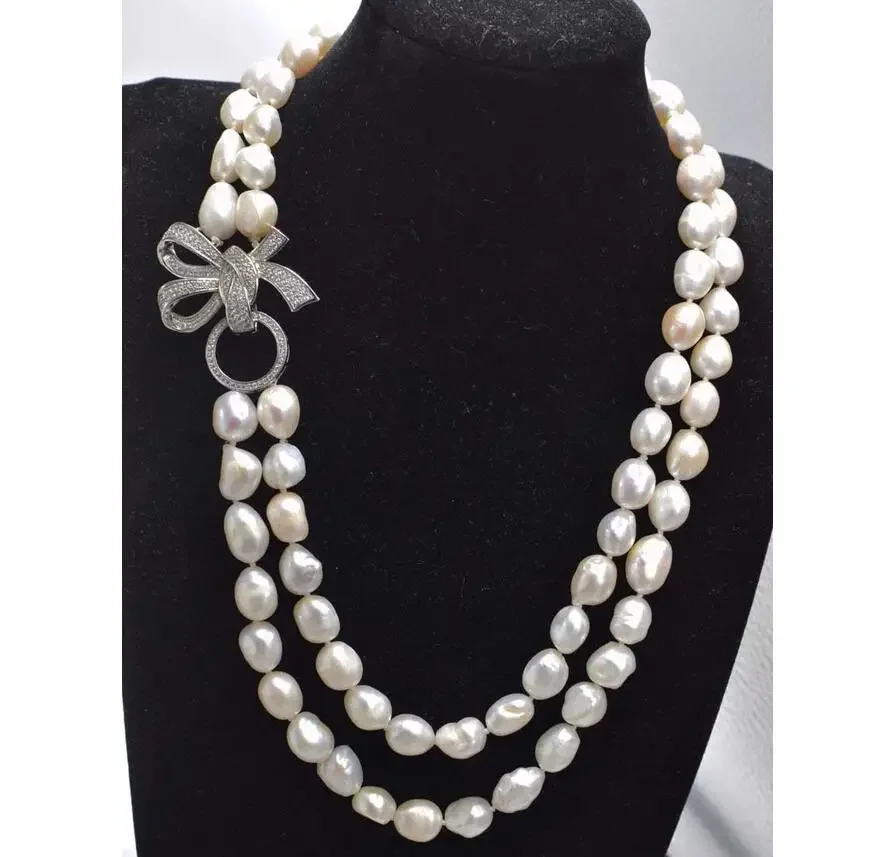 

2 rows of freshwater pearls, white Baroque necklace, 9-13 mm, natural beads, wholesale, 20-22 inches