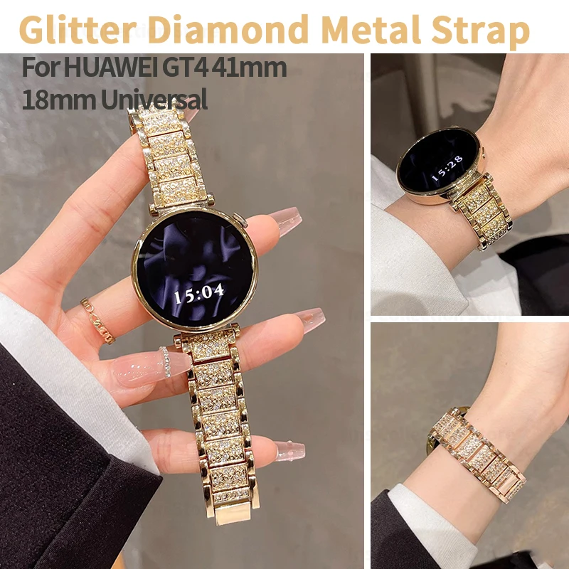 18mm Glitter Diamond Metal Strap for Huawei Watch GT 4 41mm Luxury Women Band Bracelet for Garmin Vivoactive 4S Venu 3S 2S Wrist