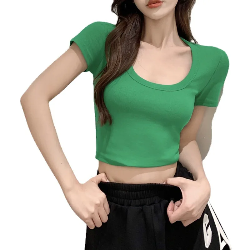 6 Colors Low Cut Sexy Crop Top Woman Kpop Y2K T-shirt Women korean Fashion Vintage Tee Shirt Summer Slim Skinny Clothes Green