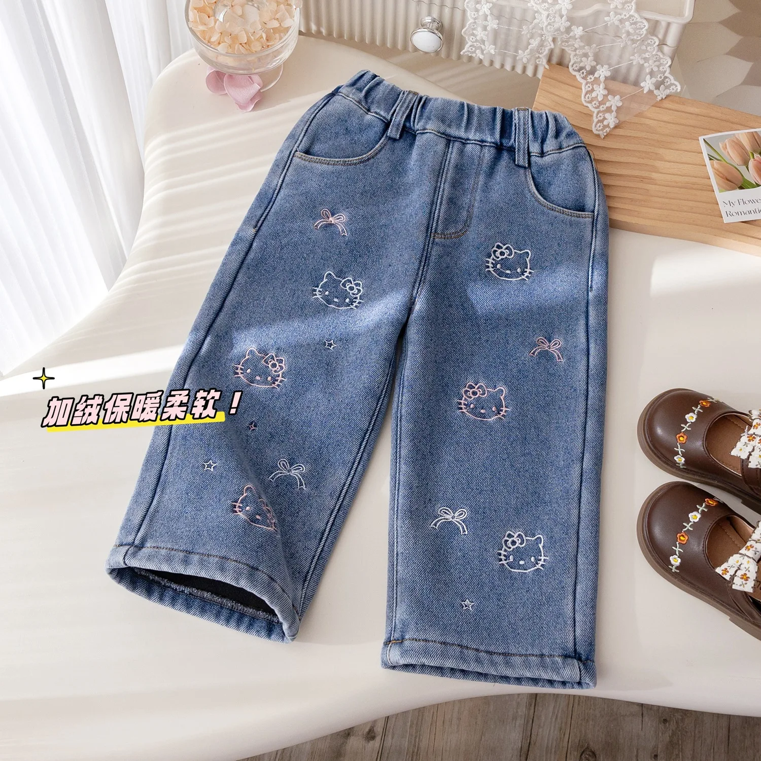 

Sanrio Girls Jeans Hello Kitty Spring Cartoon Printing Fashion Childrens Elastic Waist Soft Comfortable Sweet Cute Loose Pants