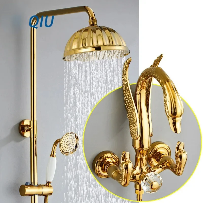 

Bathroom Shower Faucet Set Gold Swan Rainfall Mixer Tap Polished Gold Brass Bath and