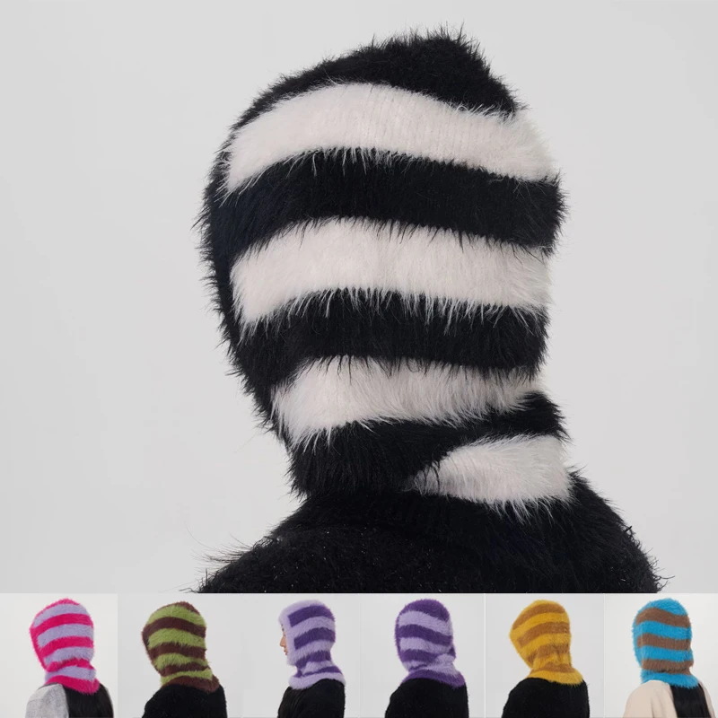 

New Korean Stripe Winter Warm Fashion Balaclava Hats and Scarf Set Women Outdoors Ear Protection Knitted Windproof Pullover Hat