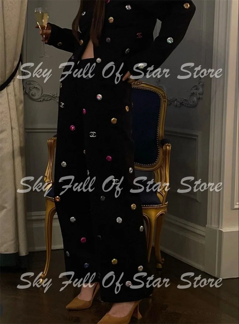 Luxury Women Siut Set 2 Pcs Multi Color Rhinestone Embellished Cropped Jacket Wide Leg Trousers Custom Cocktail Birthday Wear
