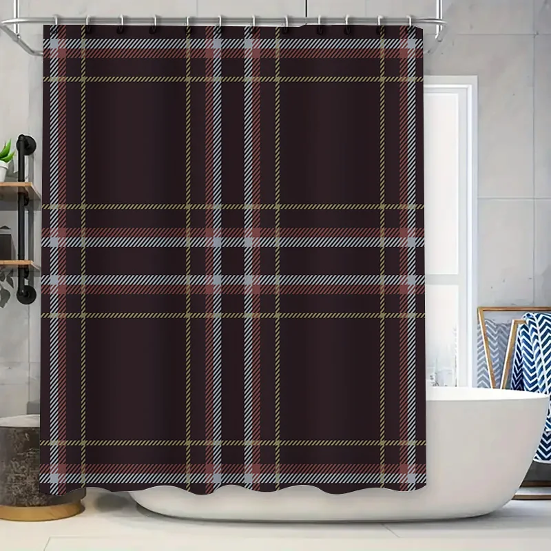 

Red Plaid Shower Curtain Waterproof Bath Mat for Bathroom Decor Modern Checkered Fabric with Hook Available in Various Sizes on