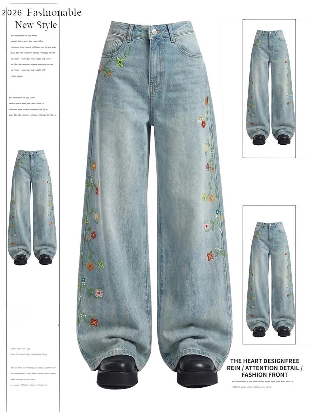 

Retro American Floral Vine Embroidery Pearl Washed Jeans Loose Straight Leg Trousers High Waist Cotton Casual Summer Ladies