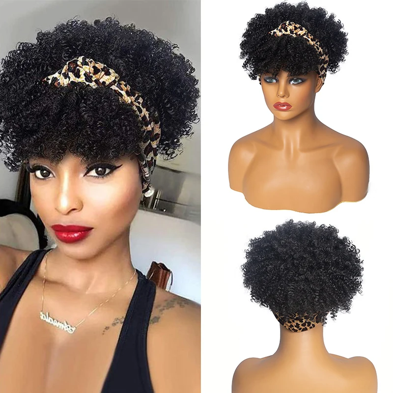 Short Afro Curly Headband Wig Kinky Curly Wig with Turban Ombre Synthetic Head Wrap Wigs for Women Cosplay Hair High Temperature