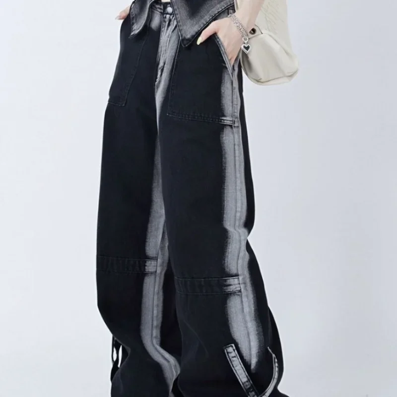 Contrast Color Jeans Women Clothing High Waist Fashion Y2k Wide Leg Pants 2025 New Bottoms Casual Straight Denim Pantalon Femme