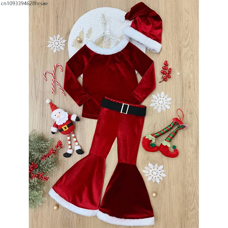 2025 nova chegada criança roupa de férias de ano novo pequeno ajudante do papai noel traje meninas vermelho pequeno santa veludo sino inferior conjunto