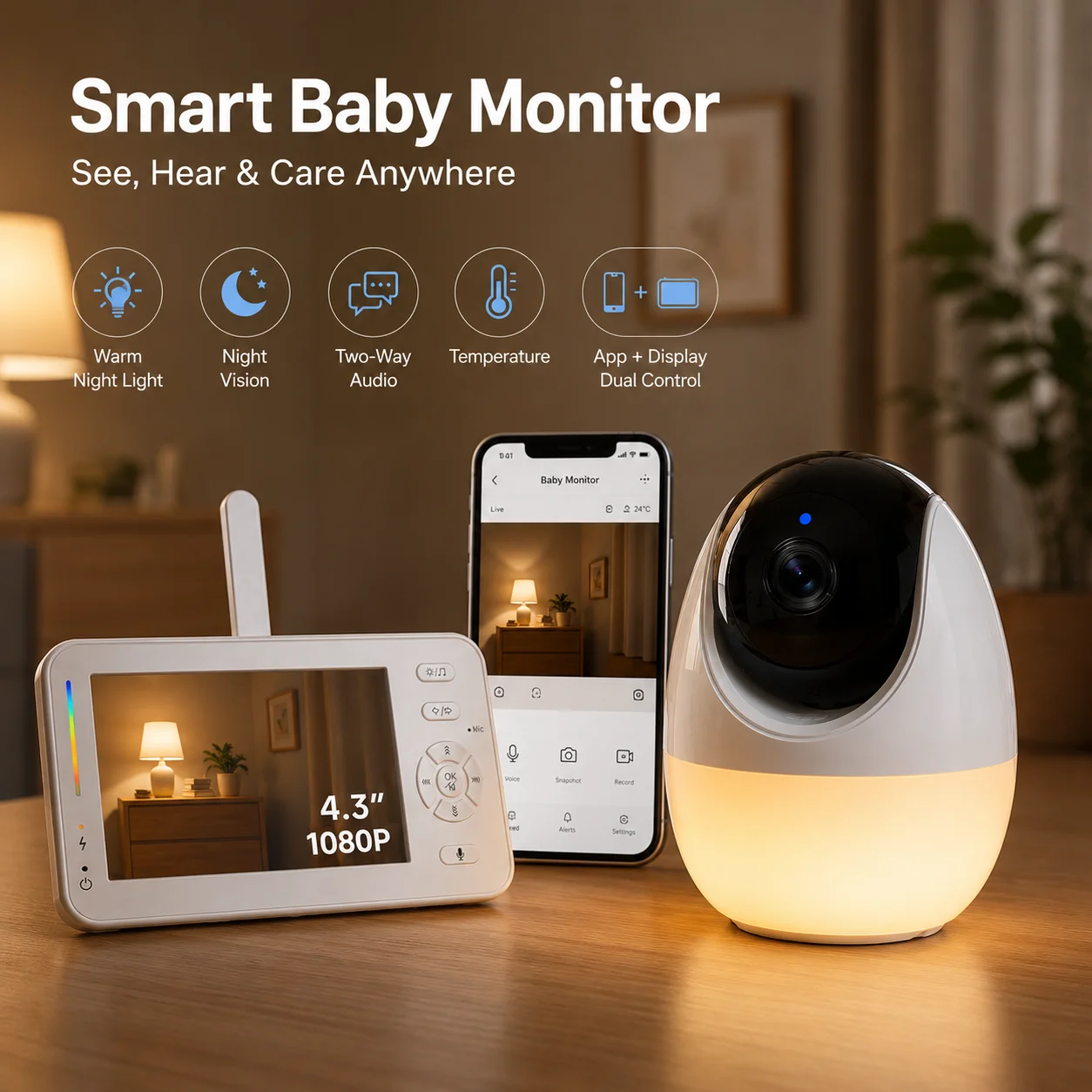 

1080P HD Baby Camera Monitor 4.3 Inch Screen Night Vision & Lullabies Sound Detection Baby Monitor With BBM App & Local Control