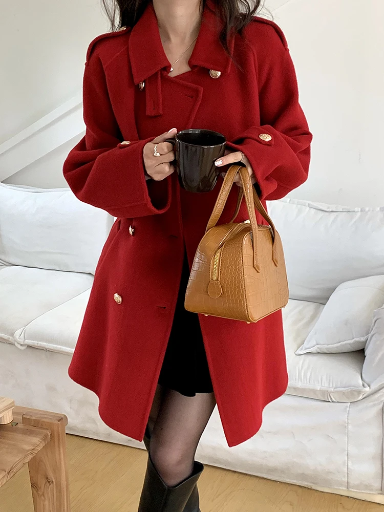 Shoulder Cover Office Lady Marth Red Woolen Jackets 2024 Autumn And Winter Double Breasted Lace-Up Women's 100% Wool Coats