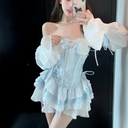 Blue Japanese Style Kawaii Lolita Dress Women Sexy Slash Neck Bow Elegant Party Mini Dress Female Korean Fashion Princess Dress