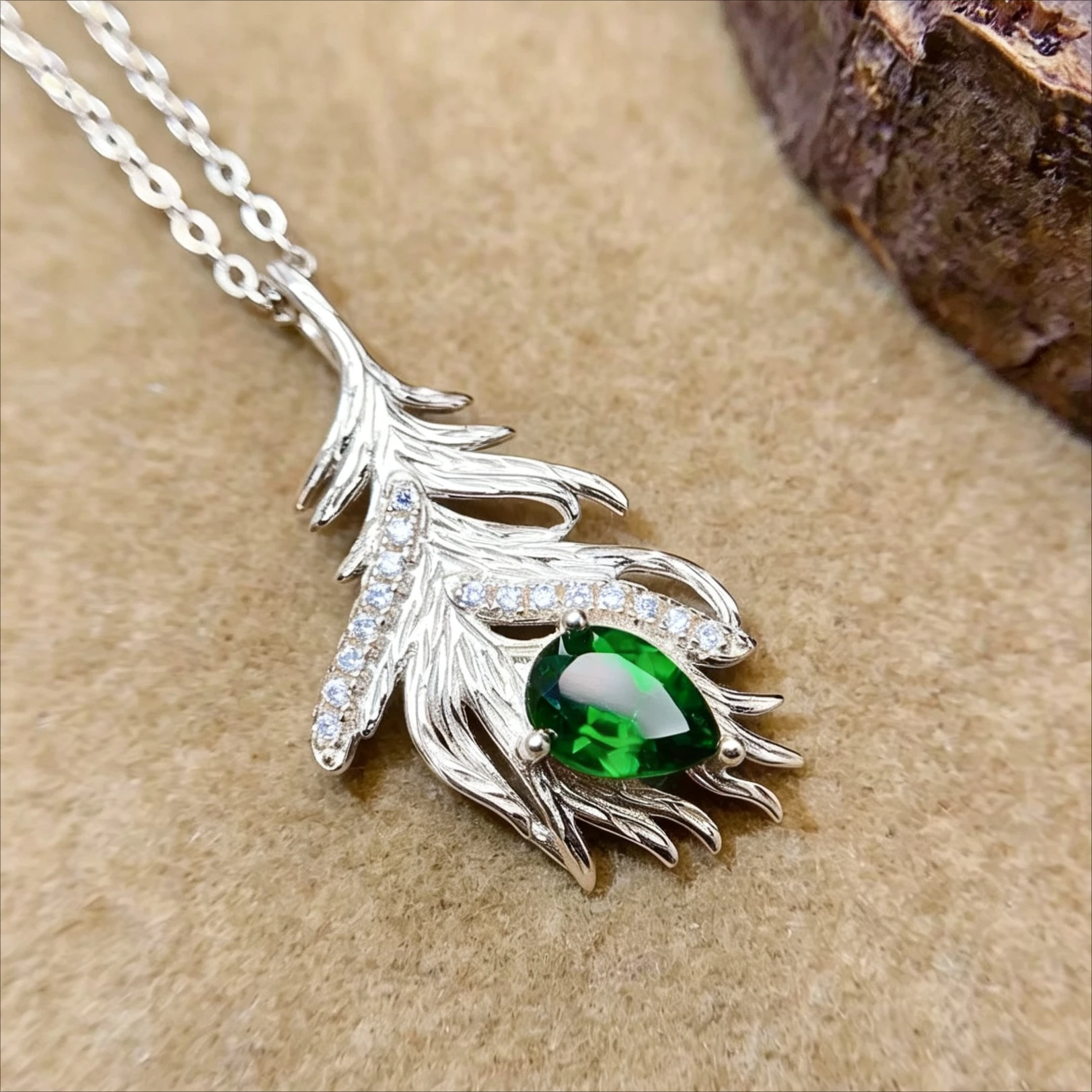 Fashion 925 Silver Feather Pendant Natural Diopside Necklace Pendant with Certificate 5mm*7mm Chrome Diopside Pendant