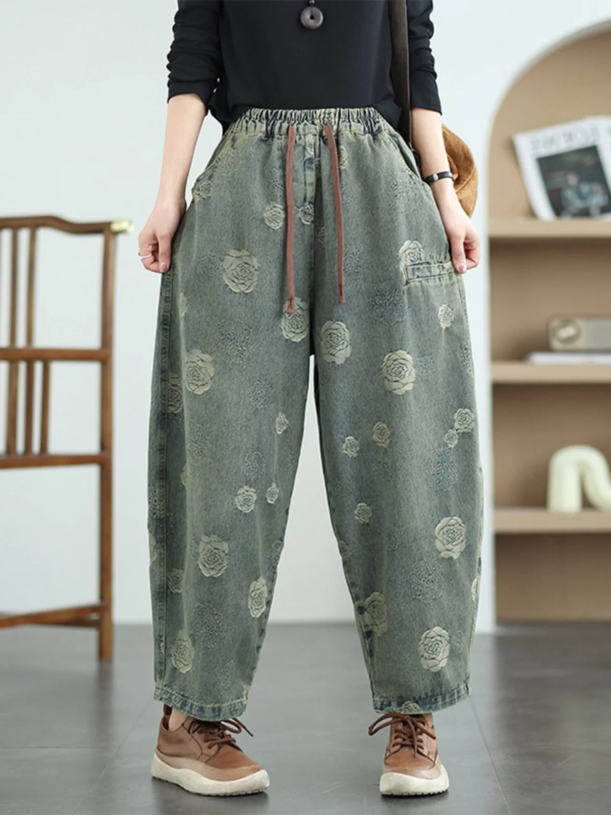 

Повседневные джинсы с розовой водой, свободные брюки Harlan с эластичной резинкой на талии, большие размеры, женские модные утягивающие брюки, все