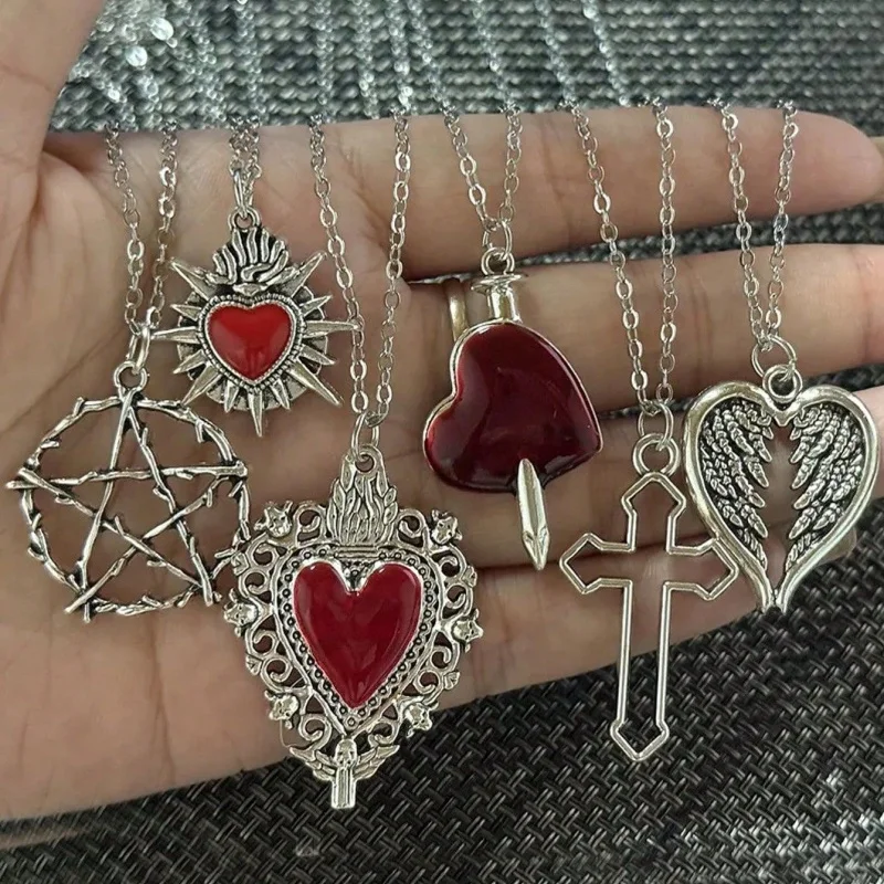 6-piece Gothic Red Heart Pendant Necklace Set Thorn Pentagram Dagger Heart Hollow Cross Wing Heart Silver Necklace Jewelry