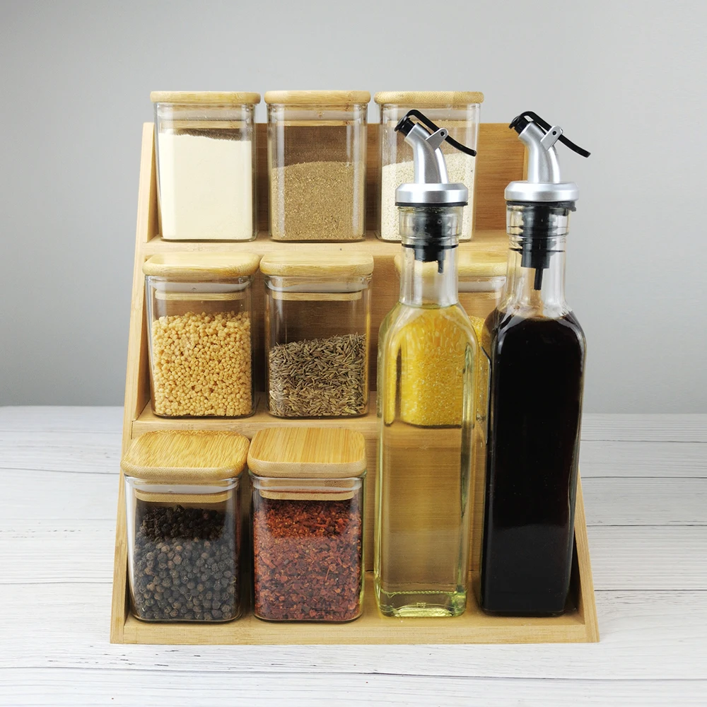 

Home Organization Kitchen Tool 250ml Glass Oil Bottle Square Glass Jars with Three-layer Bamboo Stand