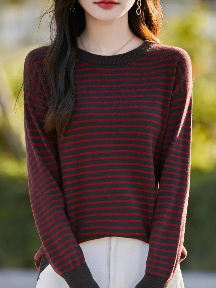 

Осенне-зимний женский вязаный свитер с круглым вырезом и длинными рукавами, из чистого хлопка, базовый слой, винтажный полосатый трикотаж