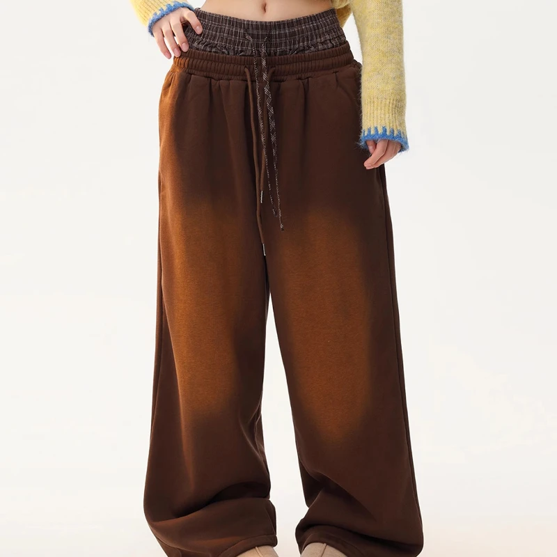 American Retro Layered Fake Two-Piece Plaid Splicing Women's Trousers Autumn Fleece-Lined Warm Casual Straight-Leg Pants Ladies