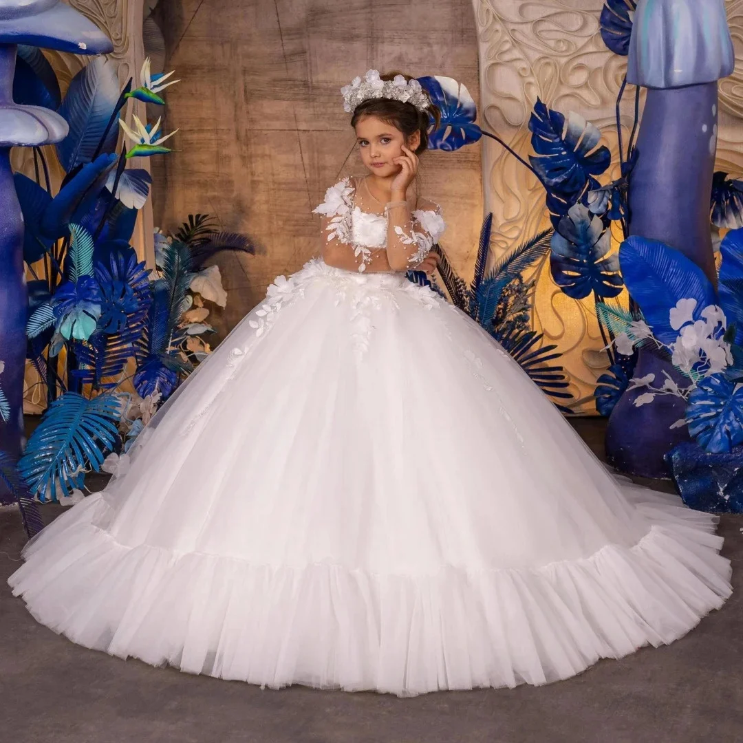 Customized Flower Girl Dresses White Tulle Flowers Embroidery Long Sleeve For Wedding Birthday Party Banquet Pageant Prom Gowns