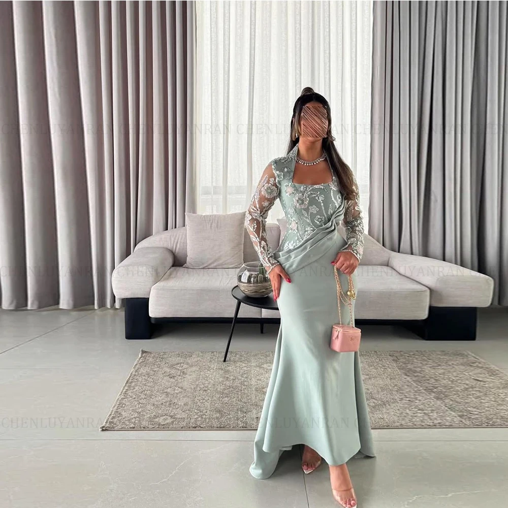 

MOLISA Элегантное светло-зеленое вечернее платье по индивидуальному заказу с квадратным вырезом и длинными рукавами, блестками, аппликациями, оборками, украшение, рыбий хвост, арабский