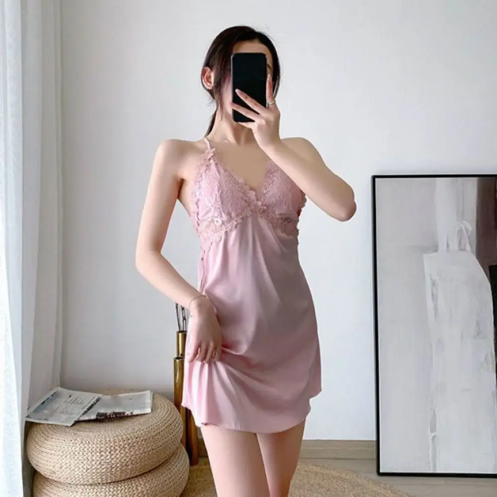 

Lace Women's Pajama Dress Dress with Pads Hollow Out Ice Silk Suspender Nightdress Thin Sleepwear Slim Sling Nightgown Female