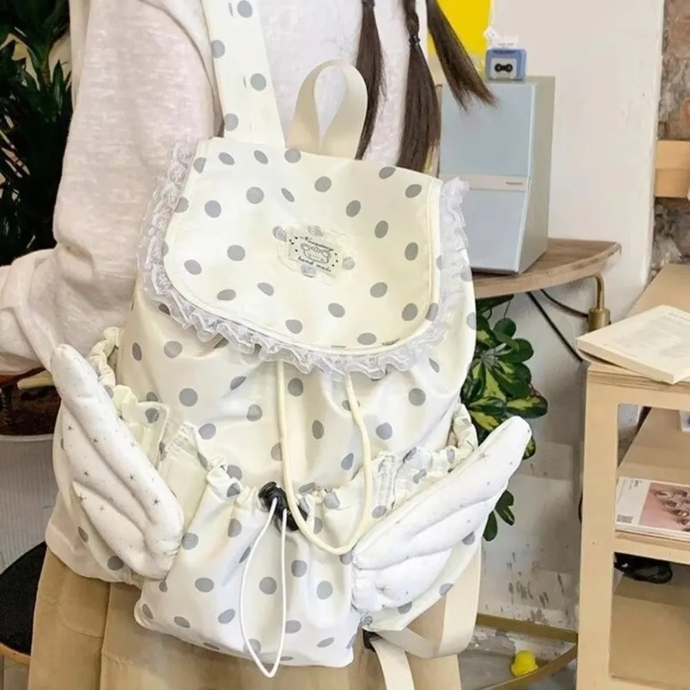 Polka Dot Pattern Drawstring Backpack Lace Trim Angel Wings School Daypack Adjustable Drawstring Large Capacity Travel Backpack