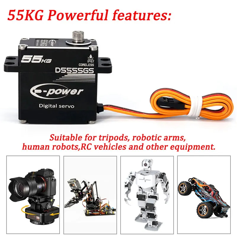 ชิ้นส่วนรถบรรทุก E-POWERRC กันน้ำ55กก. เซอร์โว180/270องศาอลูมิเนียมเกียร์ดิจิทัลโลหะ HV แรงบิดขนาดใหญ่