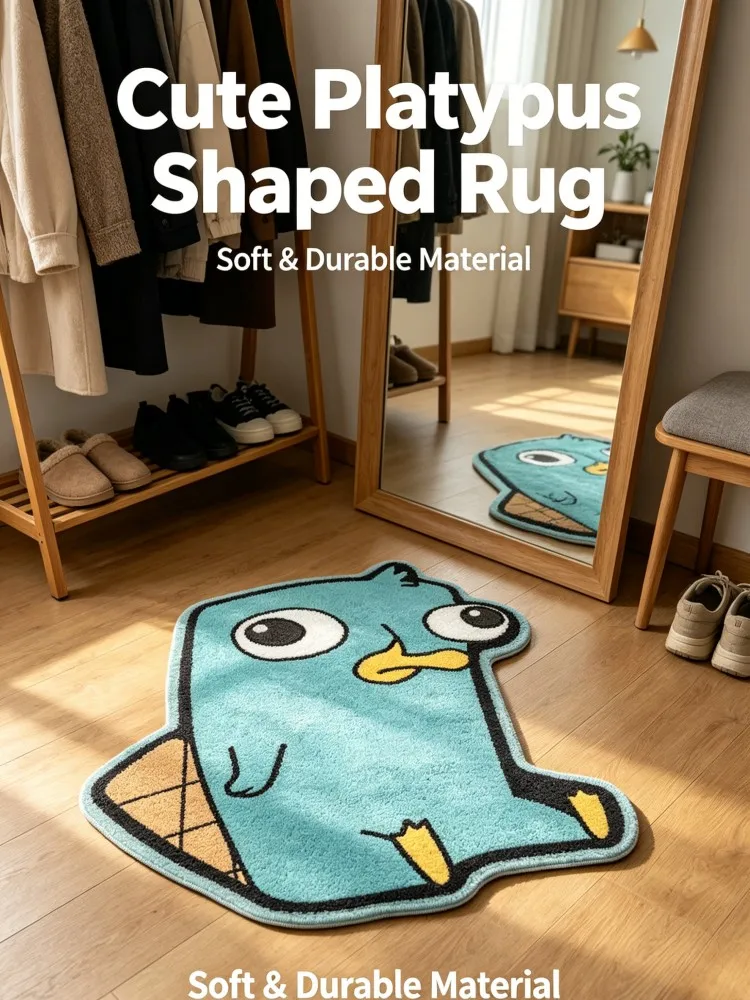 Cute Perry The Platypus Shaped Floor Mat, Cartoon Perry Irregular Fluffy Area Rug Non Slip Water Absorbent Doormat for Bedroom C