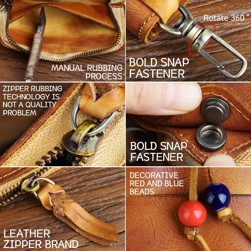 Vintage Key Wallet For Men Handmade Genuine Leather Smart Key Ring Zipper Coin Purse Card Slot Housekeeper Key Chain Bag