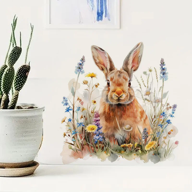 C1279# Cute Floral Bunny Toilet Stickers, Bright Wall for Home, Cabinet, Door,Decoration