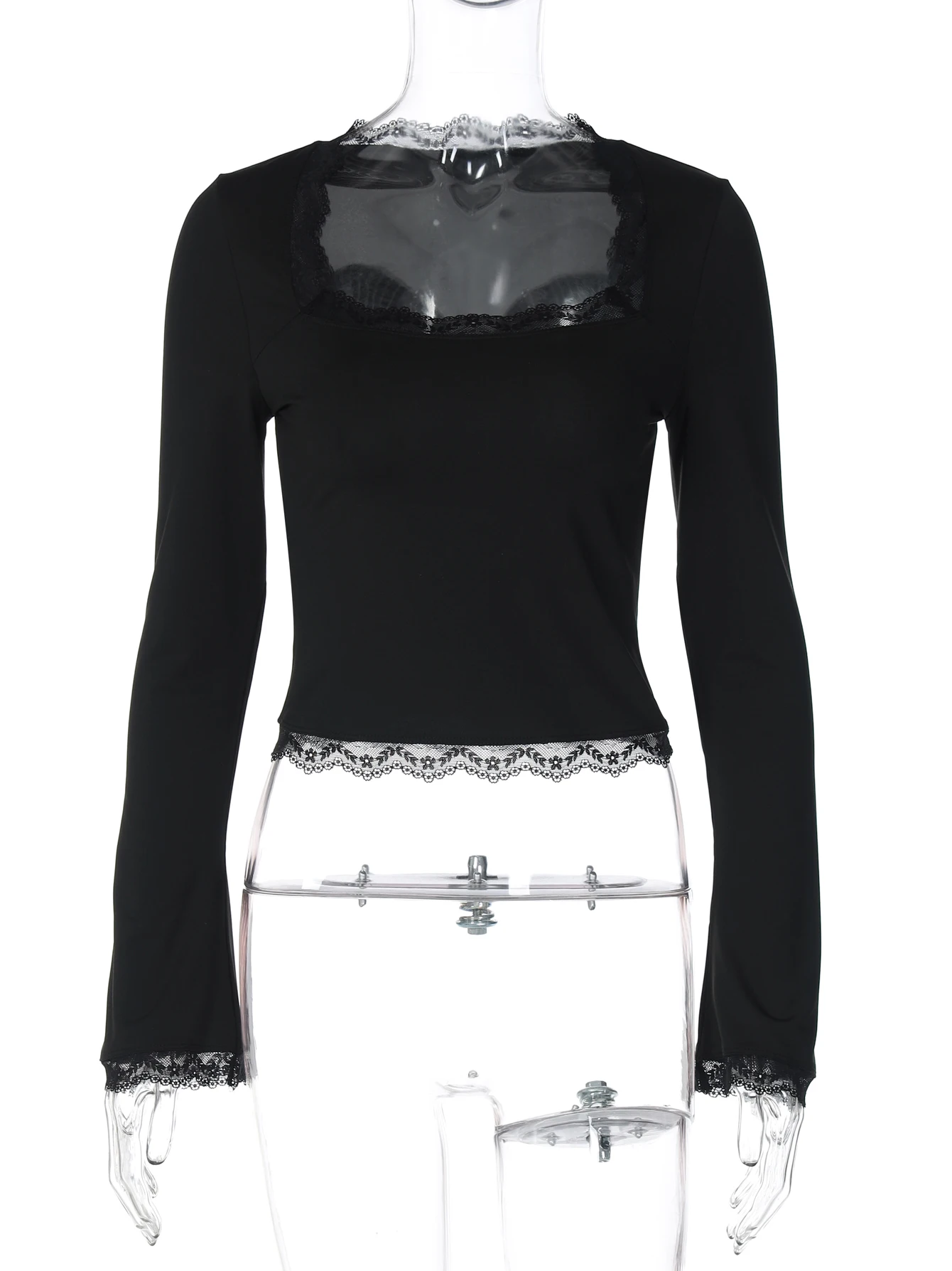 Dulzura col carré à manches longues dentelle volants Patchwork T-Shirt femmes mode décontracté Y2K haut fête Club rue automne vêtements