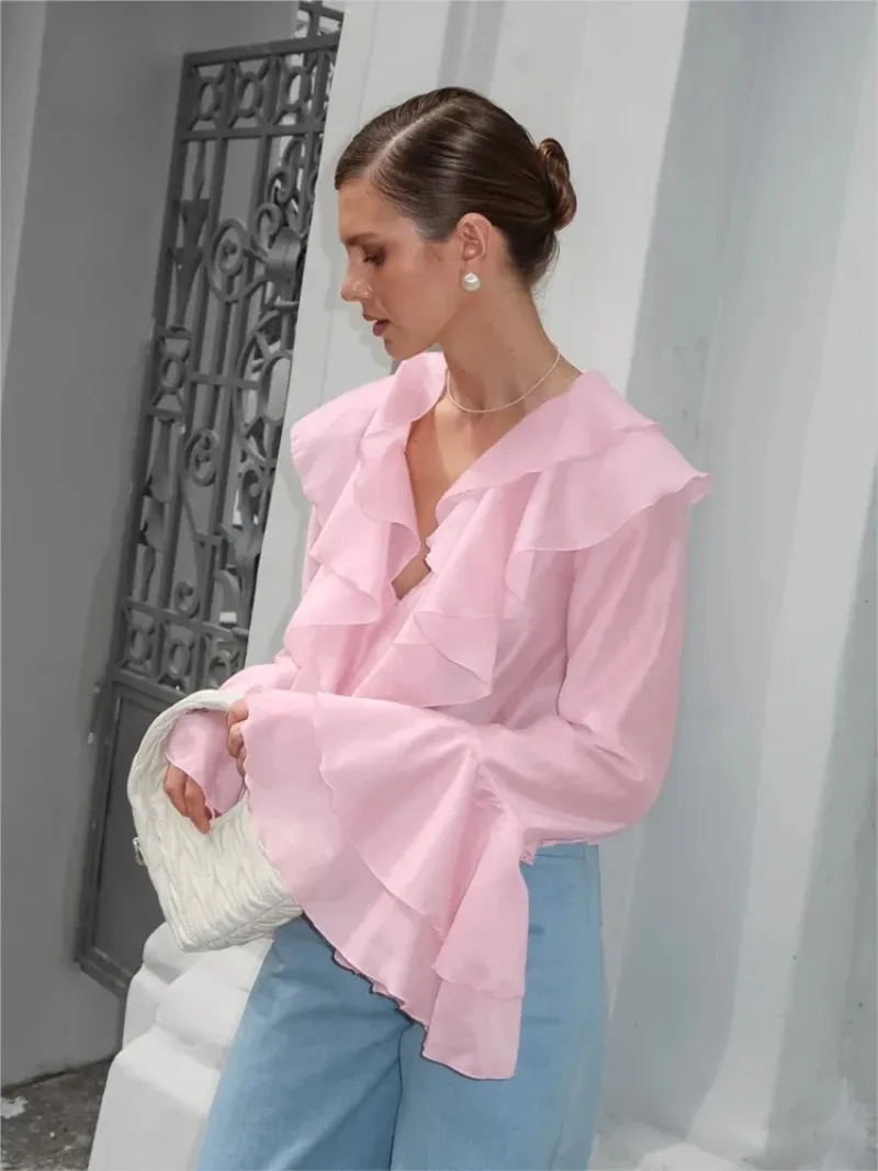 Pink Chiffon Shirt For Women 2025 Fashion Spring Summer With Layered Ruffle Edges V-neck Trumpet Sleeves Short Blouse Streetwear