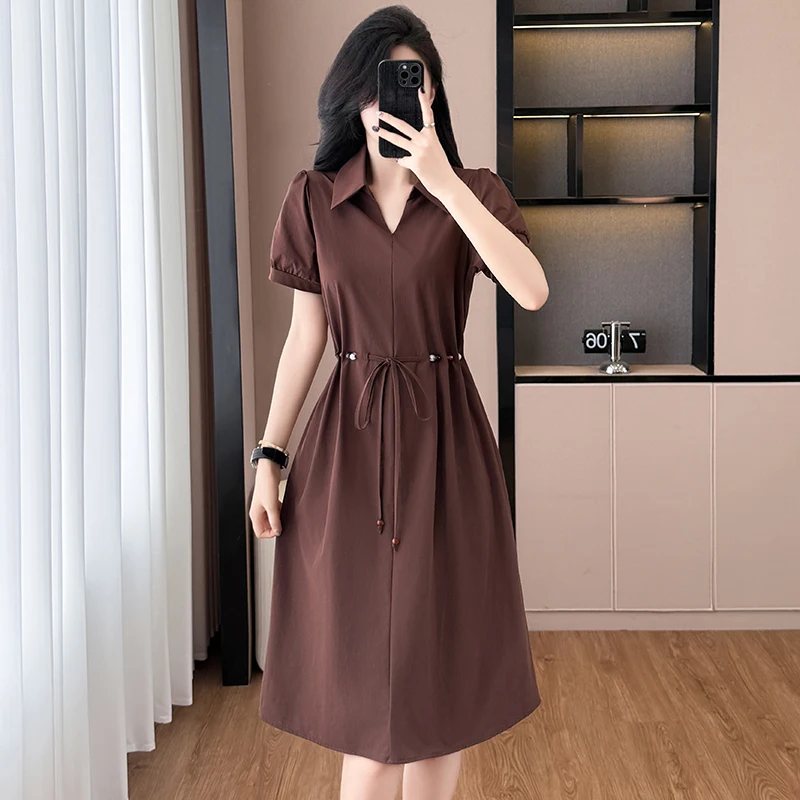 

Summer 2026 Women's Short Sleeve A-Line Dress Slimming Waist Design Casual Cotton Polyester Blend Comfortable Fit Dress