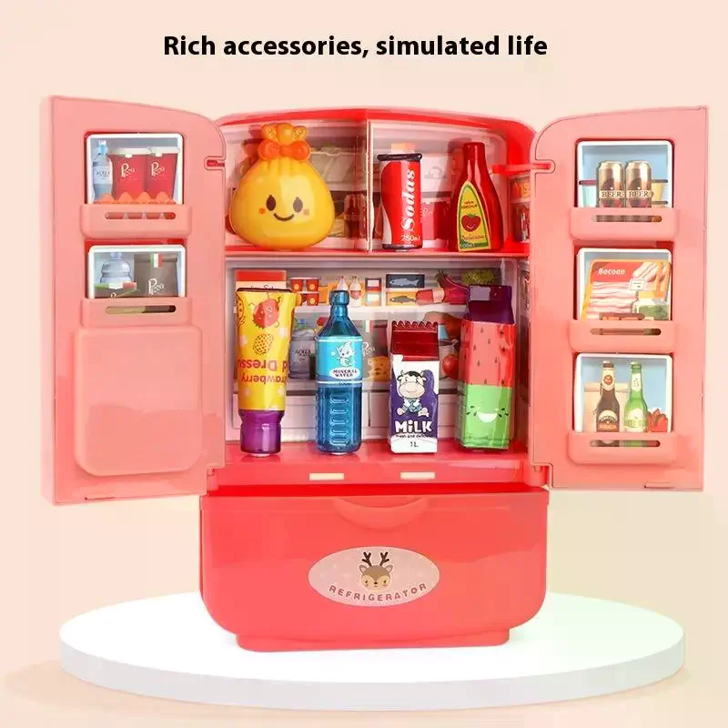 1 مجموعة محاكاة الثلاجة أثاث المطبخ التظاهر اللعب لعبة تعليمية صغيرة مزدوجة الباب الثلاجة اكسسوارات المنزل هدية