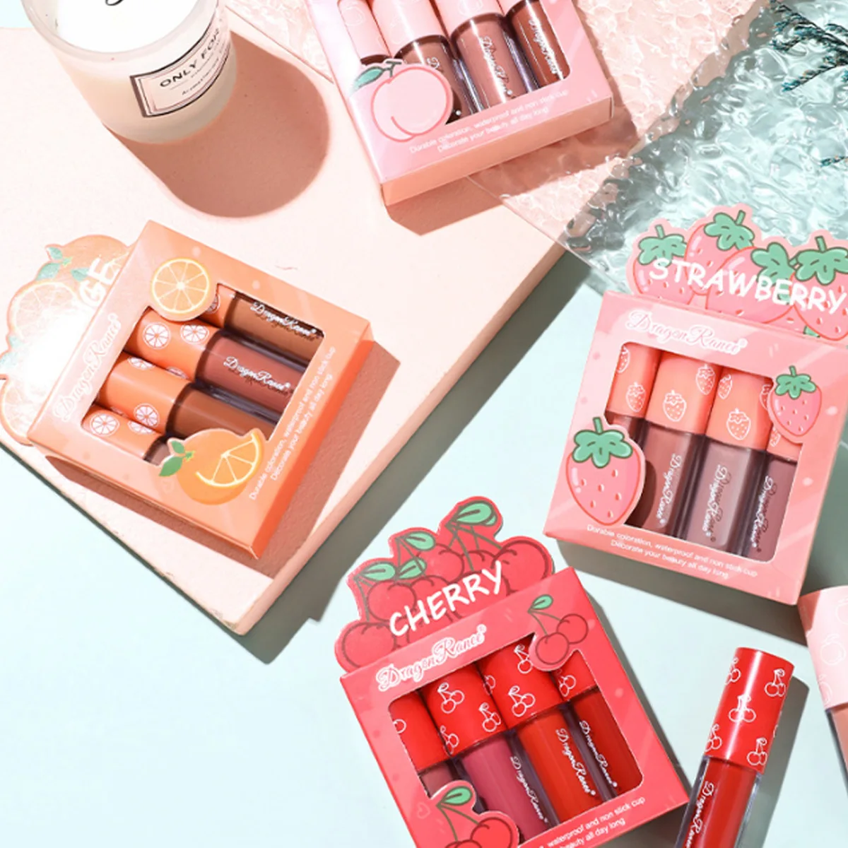 4 個ミニポータブルフルーツシリーズ防水口紅防水耐久性のある非退色マルチカラー絶妙なギフト